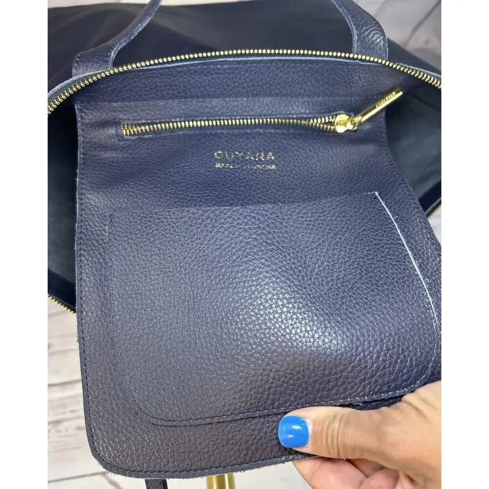 Cuyana Classic Leather Zip Tote Navy Blue with Gray Tote Organizer Insert